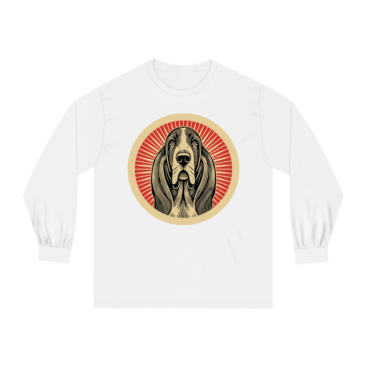 Basset Hound badge art in a ring of red rays on a long-sleeve tee