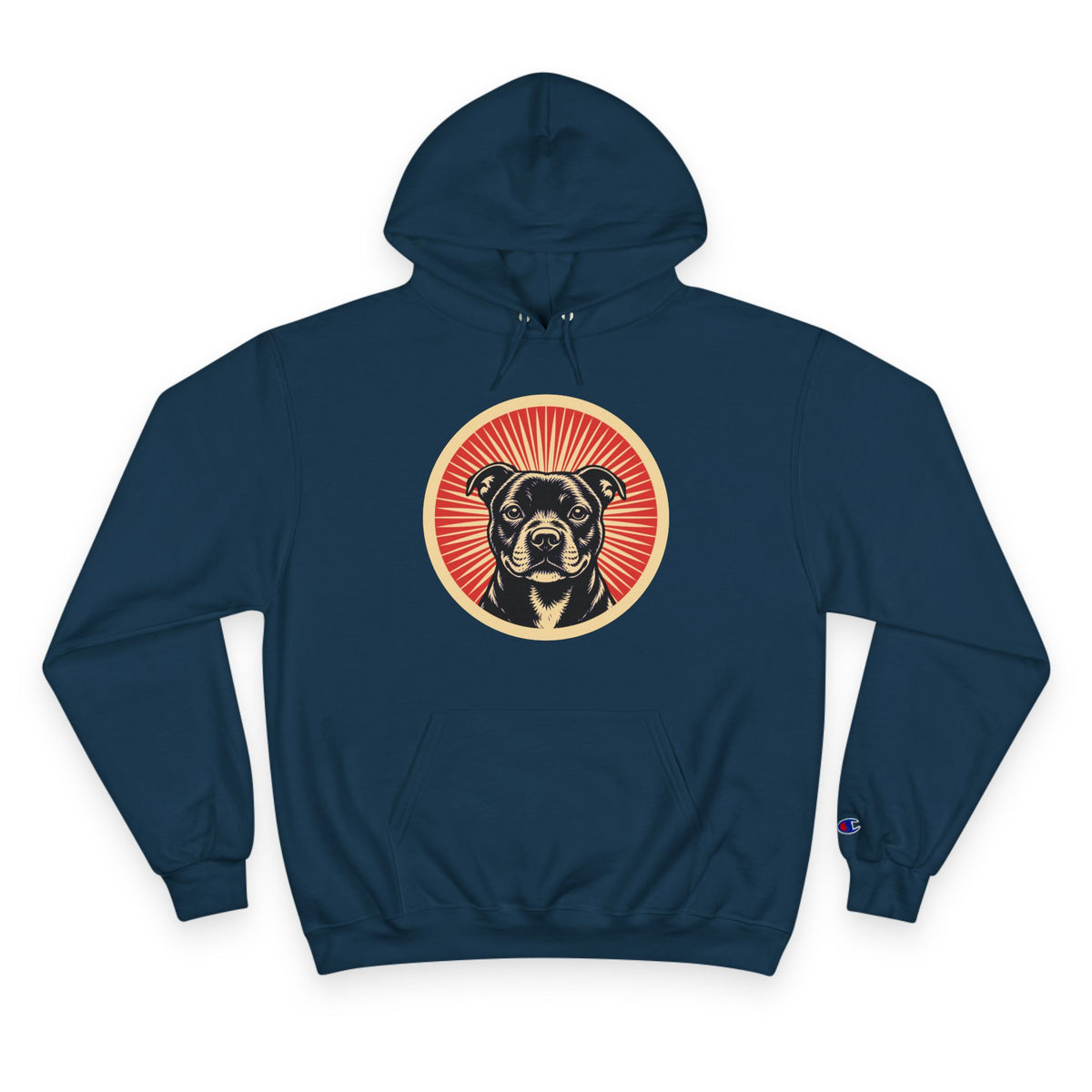 Staffordshire Bull Terrier badge art in a ring of red rays on a champion hoodie