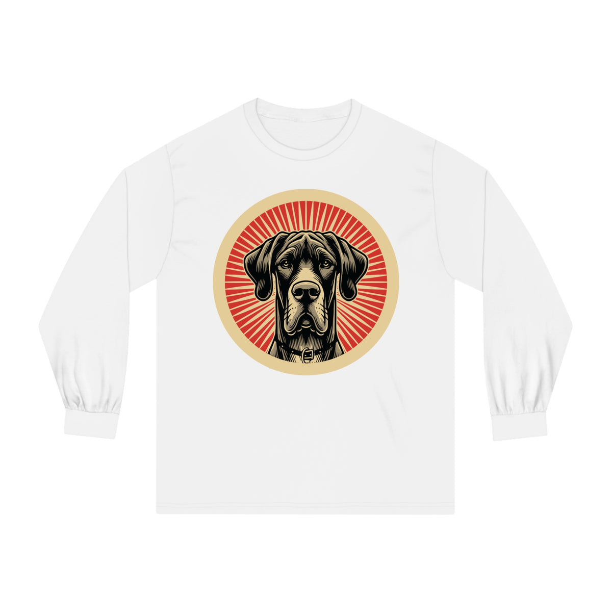 Great Dane badge art in a ring of red rays on a long-sleeve tee