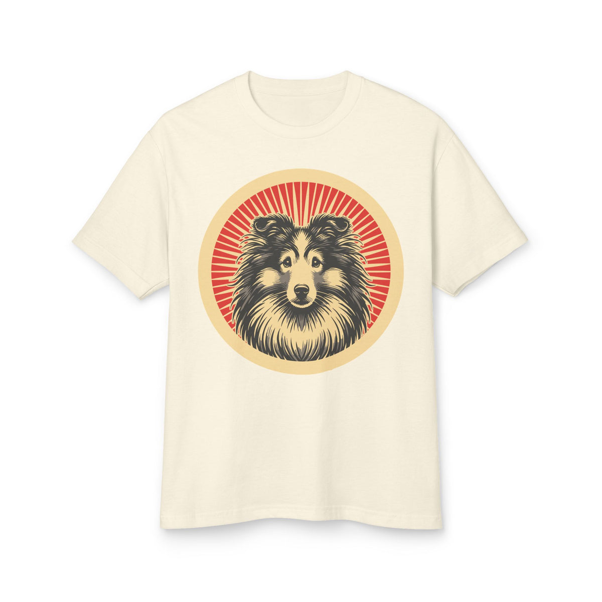 Shetland Sheepdog badge art in a ring of red rays on a heavyweight tee