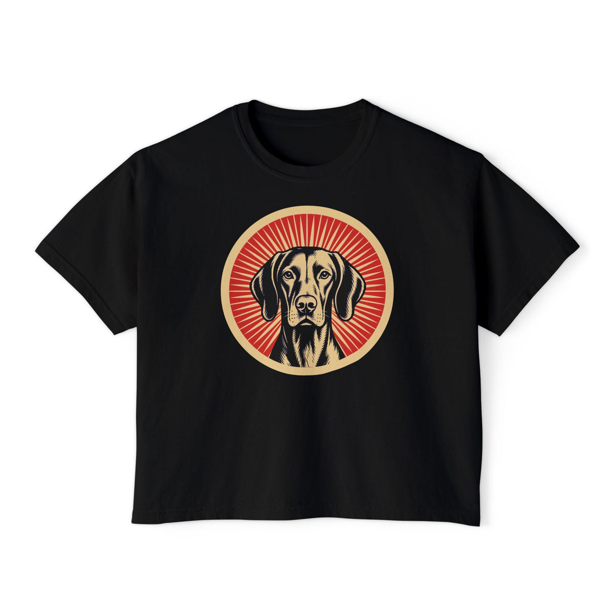 Vizsla badge art in a ring of red rays on a boxy tee
