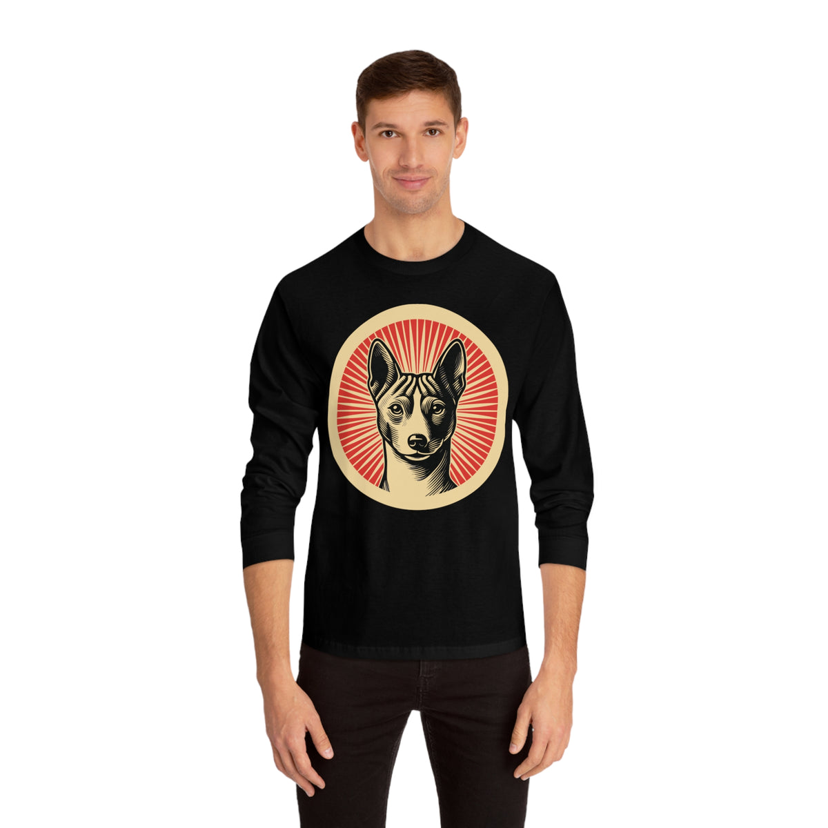 Basenji badge art in a ring of red rays on a long-sleeve tee