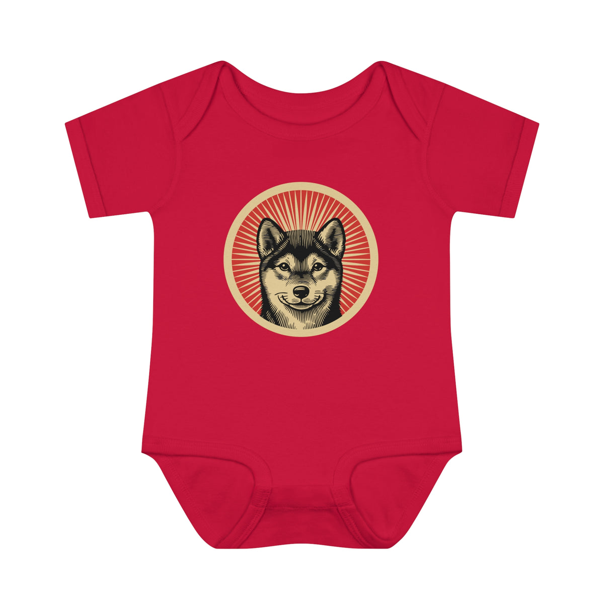 Shiba Inu badge art in a ring of red rays on a baby bodysuit