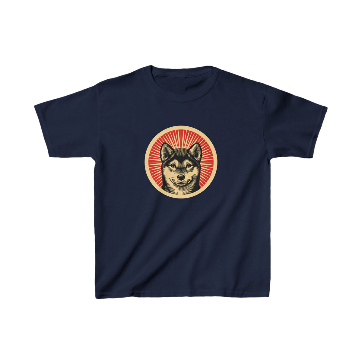 Shiba Inu badge art in a ring of red rays on a kids' tee