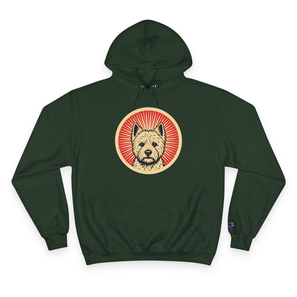 West Highland White Terrier badge art in a ring of red rays on a champion hoodie