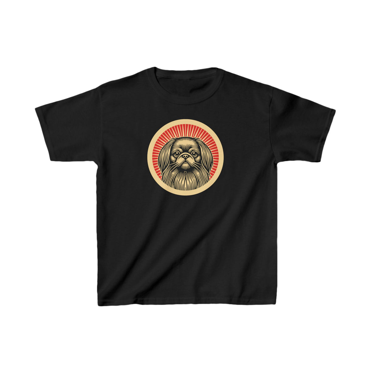 Pekingese badge art in a ring of red rays on a kids' tee
