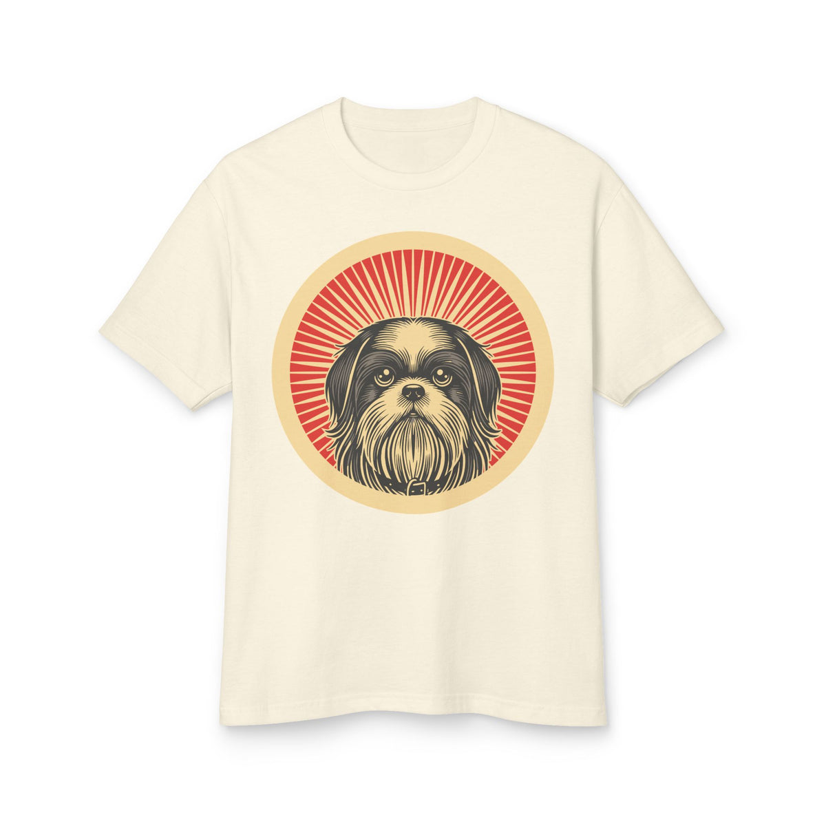 Shih Tzu badge art in a ring of red rays on a heavyweight tee