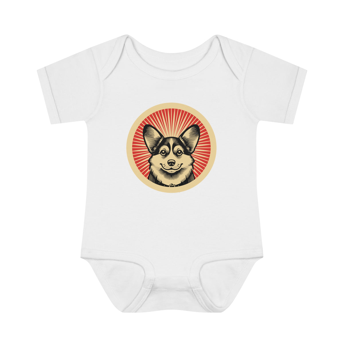 Pembroke Welsh Corgi badge art in a ring of red rays on a baby bodysuit