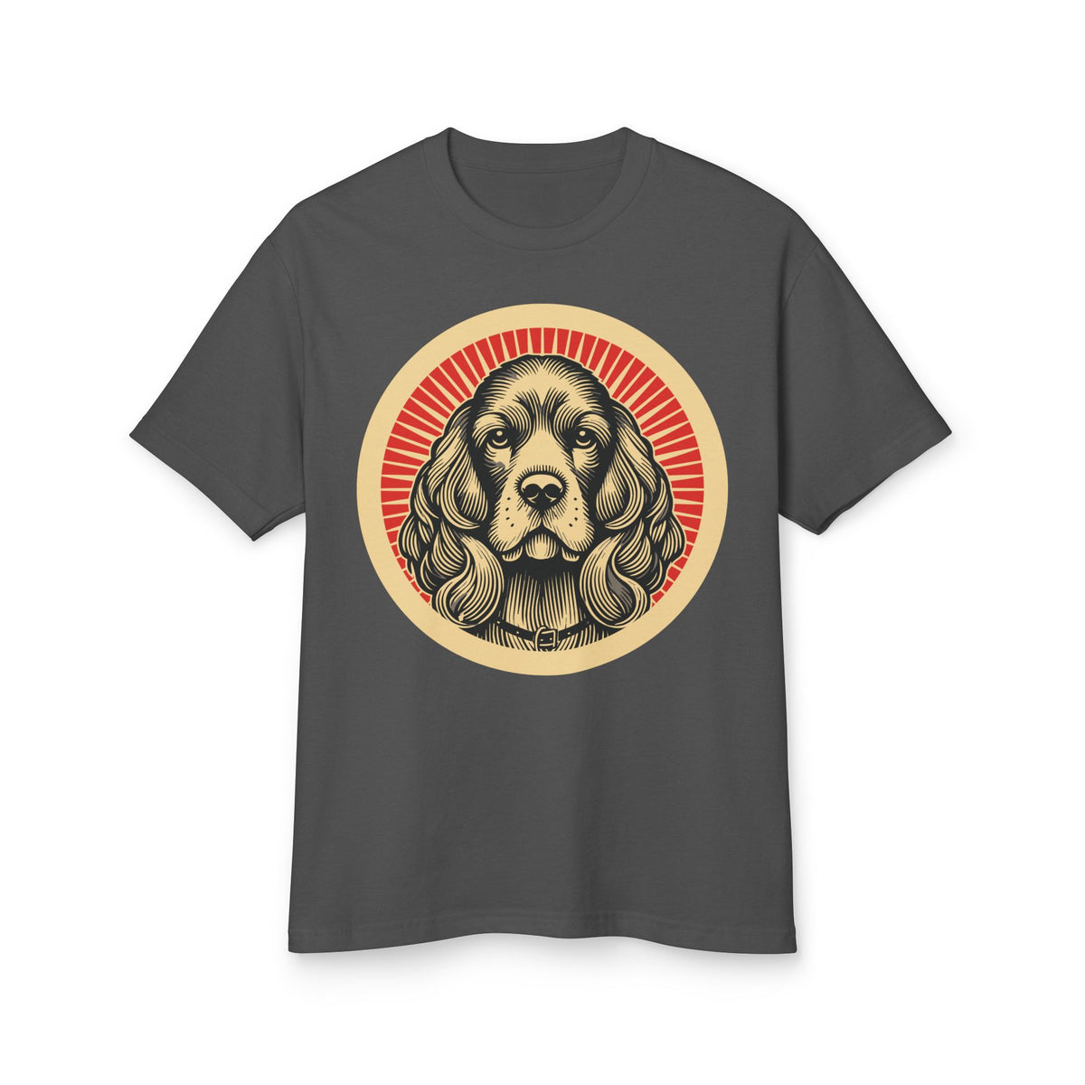 Cavalier King Charles Spaniel badge art in a ring of red rays on a heavyweight tee