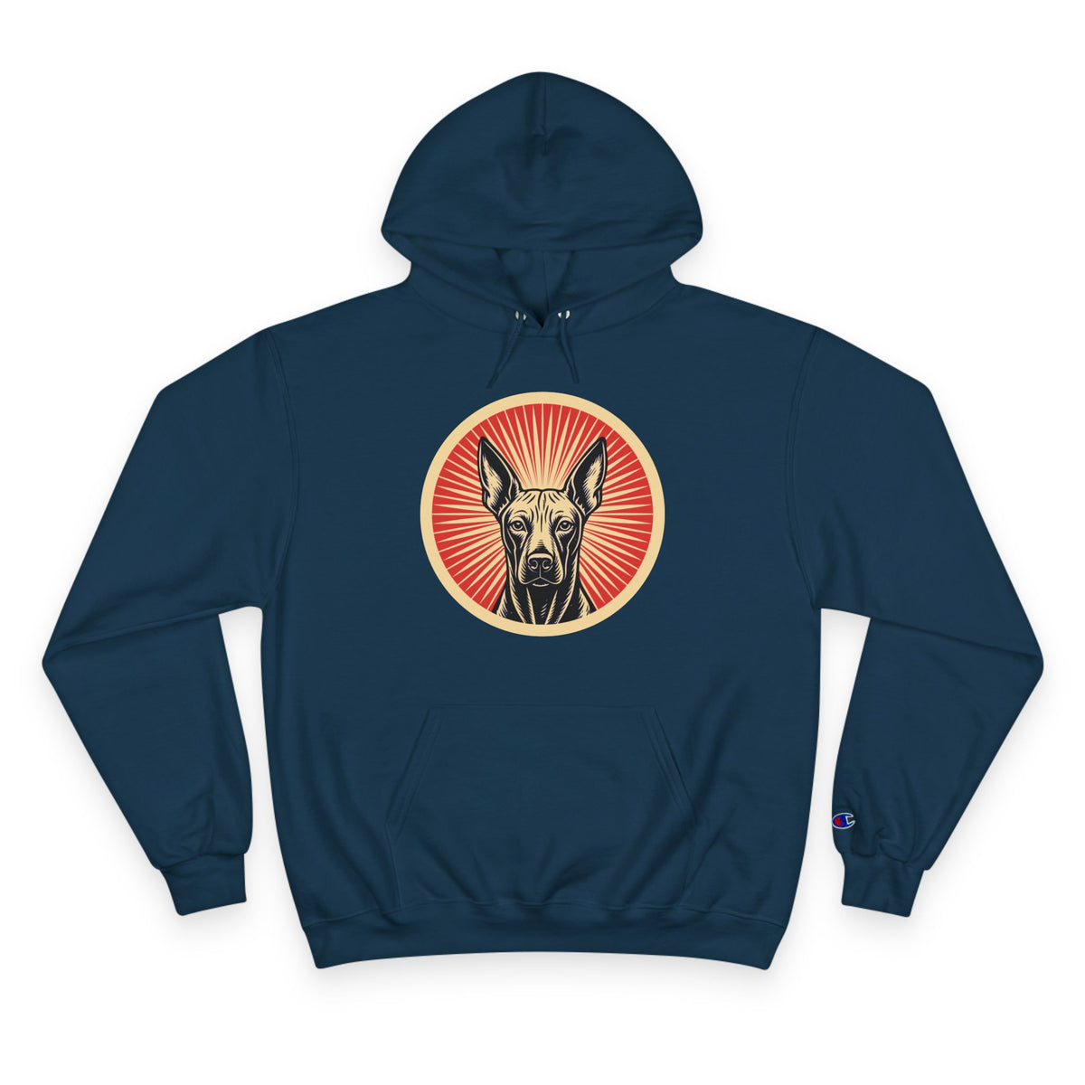 Xoloitzcuintle badge art in a ring of red rays on a champion hoodie