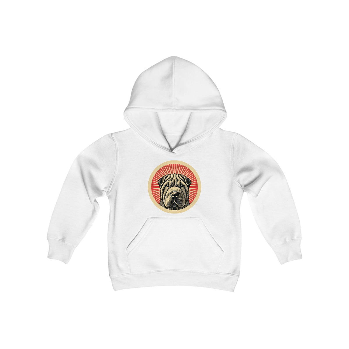 Chinese Shar-Pei badge art in a ring of red rays on a kids' hoodie