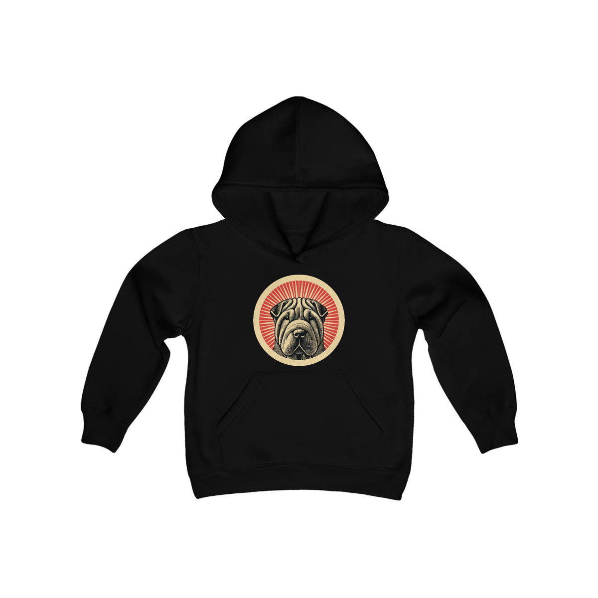 Chinese Shar-Pei badge art in a ring of red rays on a kids' hoodie