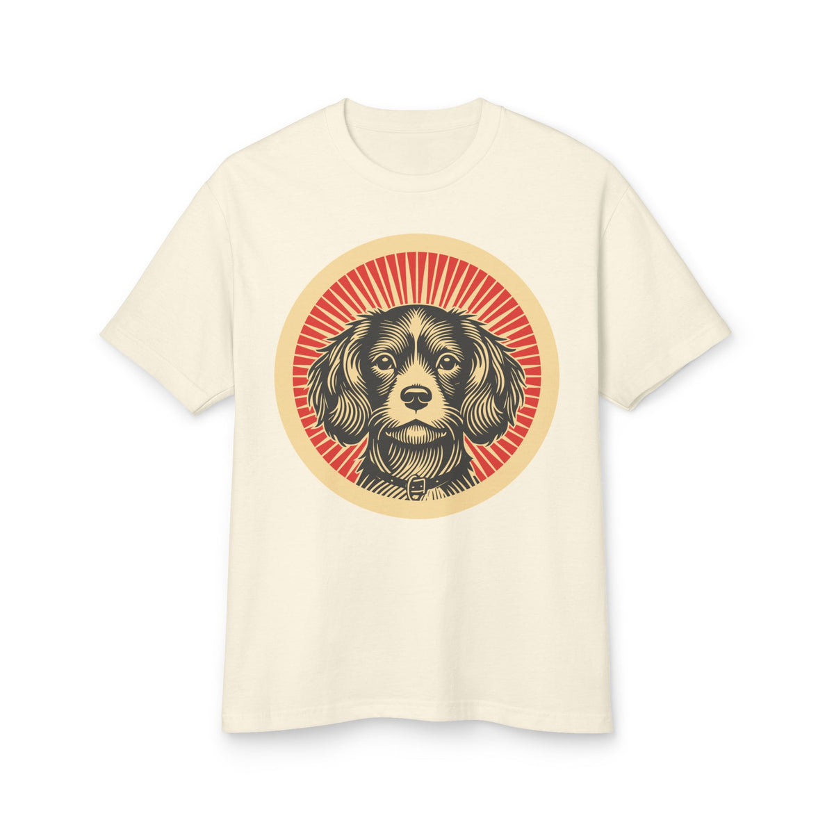 Cavachon badge art in a ring of red rays on a heavyweight tee
