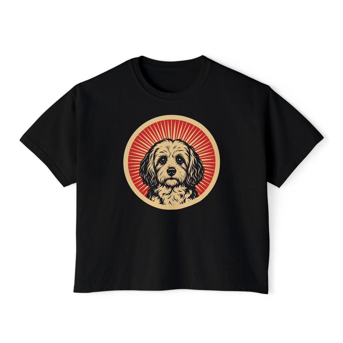Cavachon badge art in a ring of red rays on a boxy tee