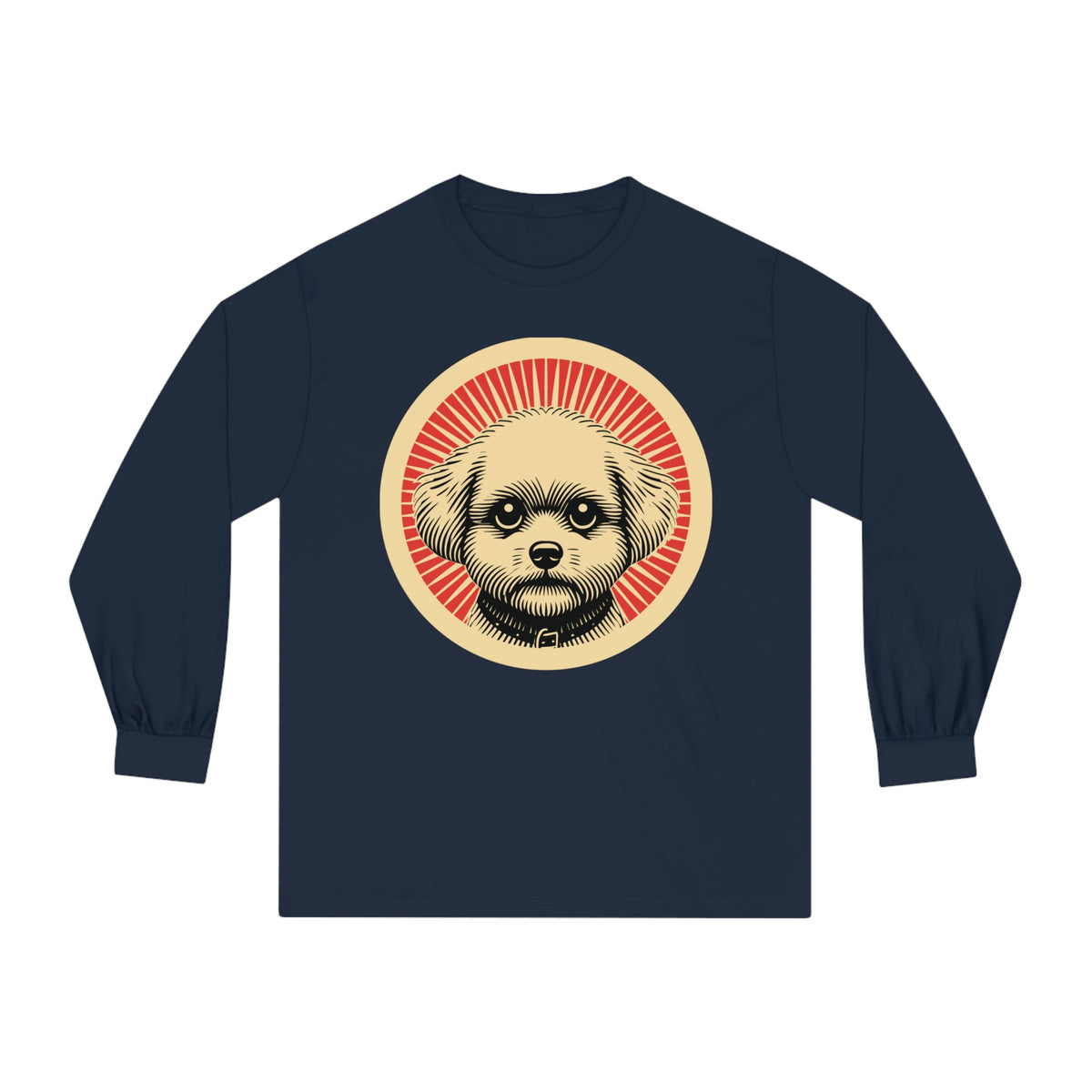 Bichon Frise badge art in a ring of red rays on a long-sleeve tee