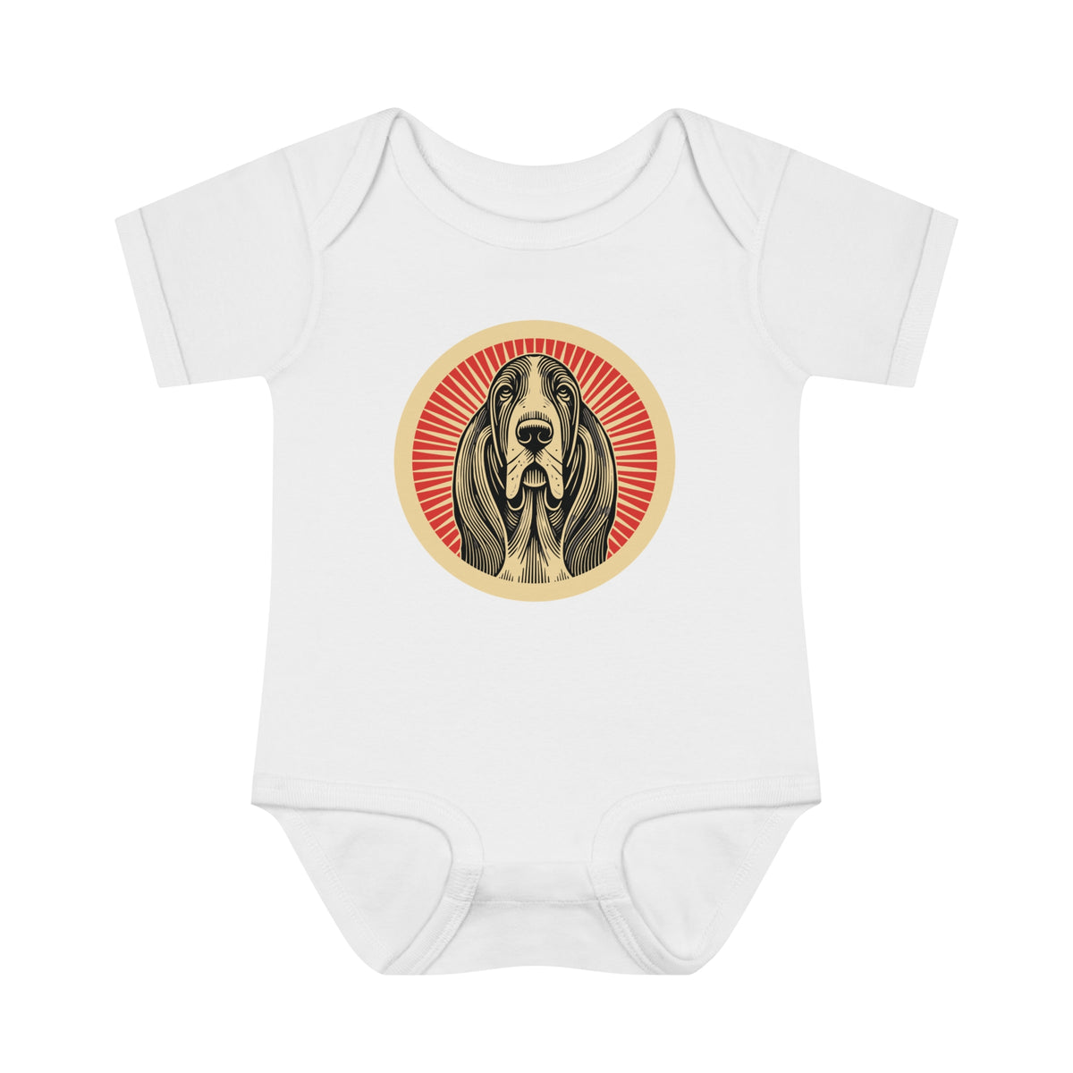 Basset Hound badge art in a ring of red rays on a baby bodysuit