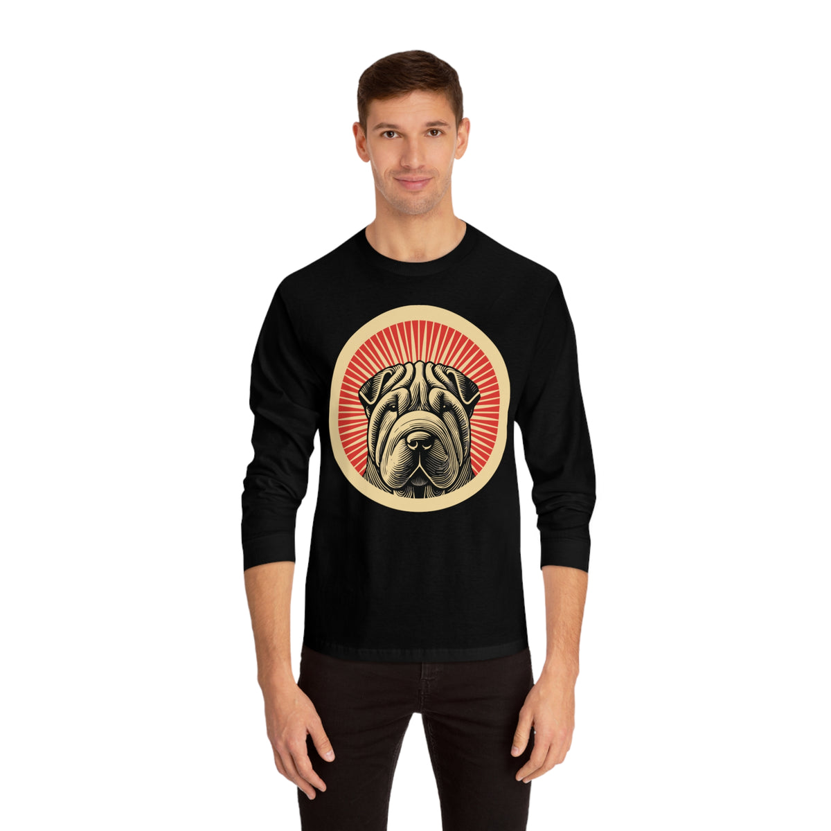 Chinese Shar-Pei badge art in a ring of red rays on a long-sleeve tee