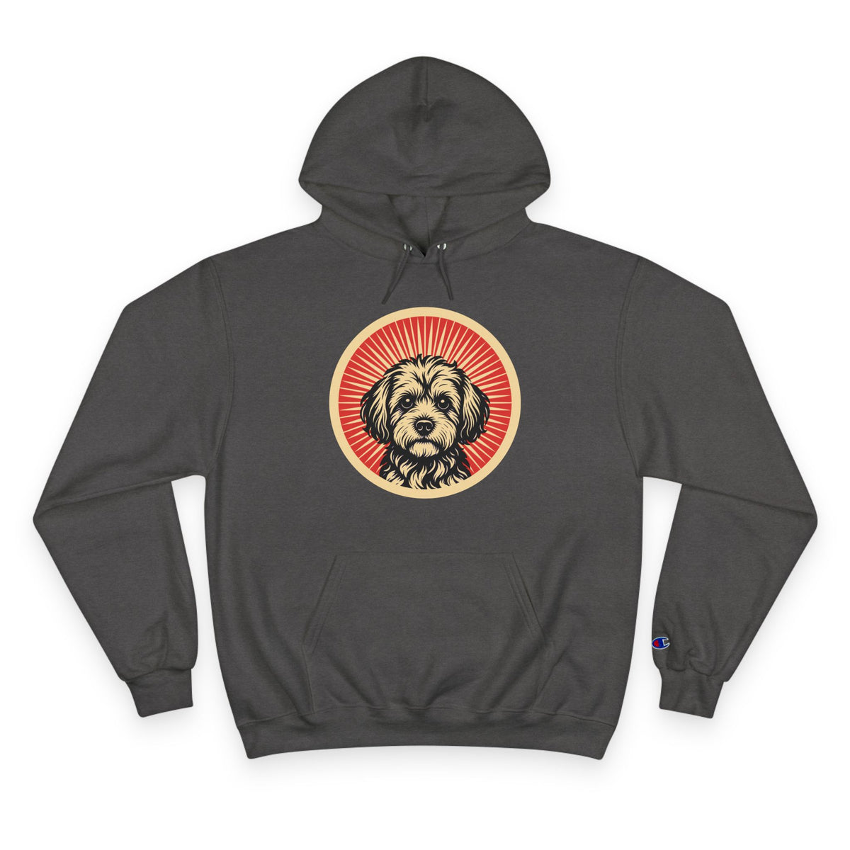 Yorkipoo badge art in a ring of red rays on a champion hoodie