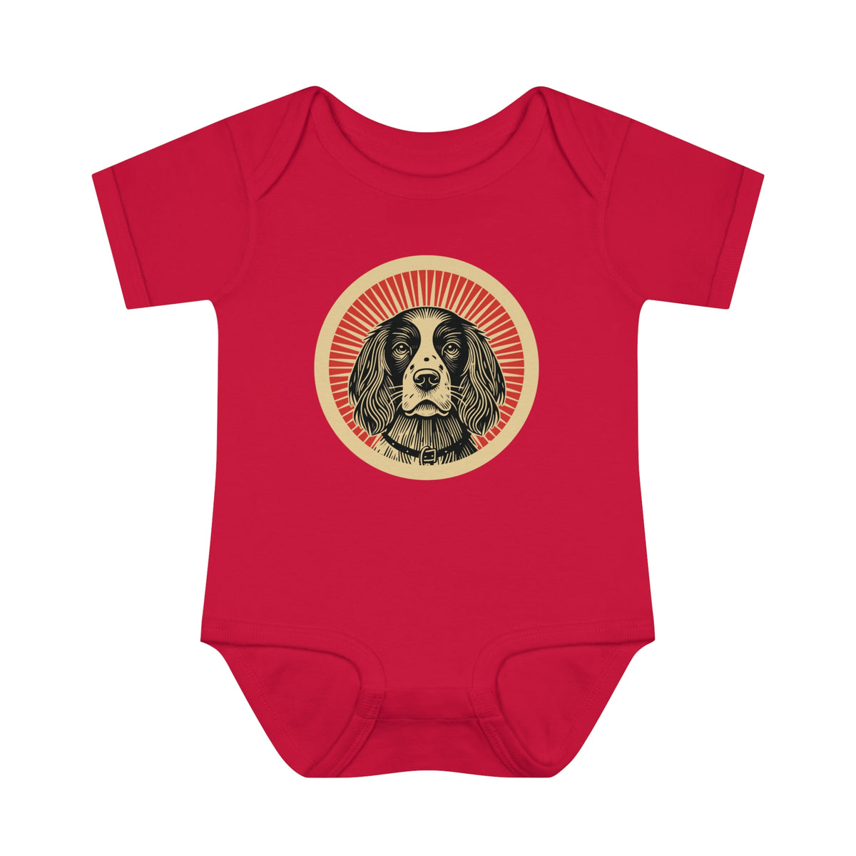 English Springer Spaniel badge art in a ring of red rays on a baby bodysuit