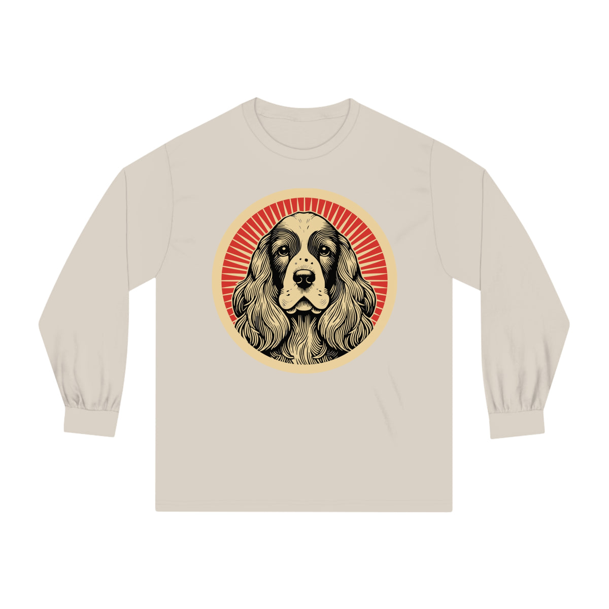 English Cocker Spaniel badge art in a ring of red rays on a long-sleeve tee