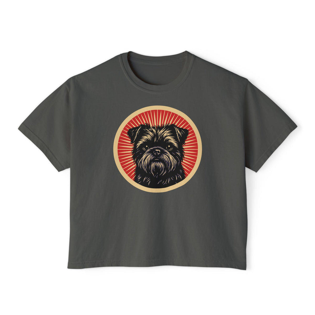 Affenpinscher badge art in a ring of red rays on a boxy tee