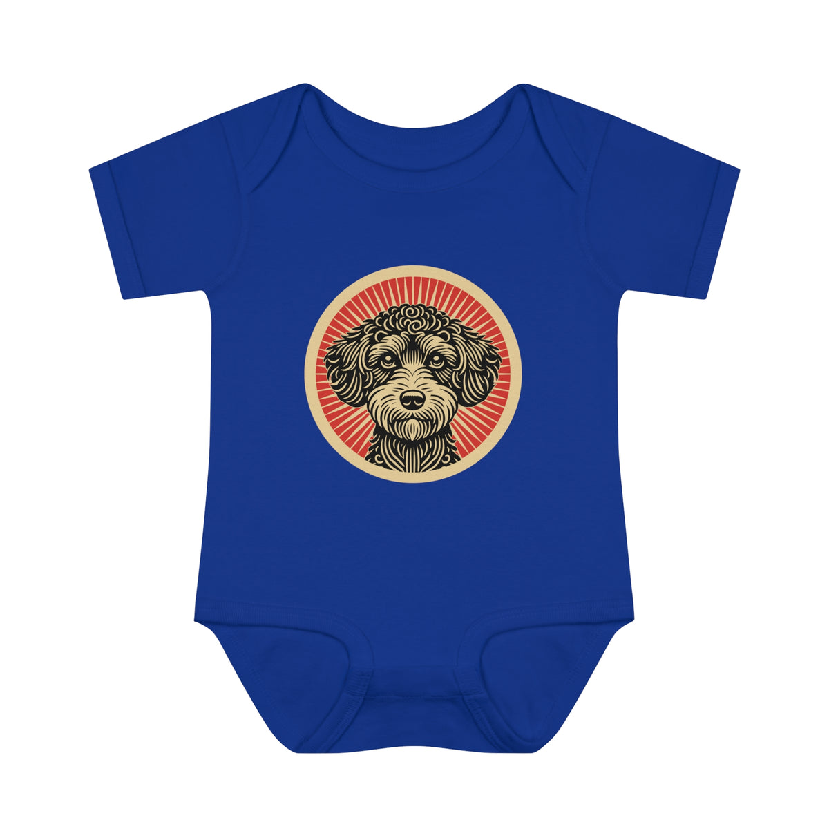 Schnoodle badge art in a ring of red rays on a baby bodysuit