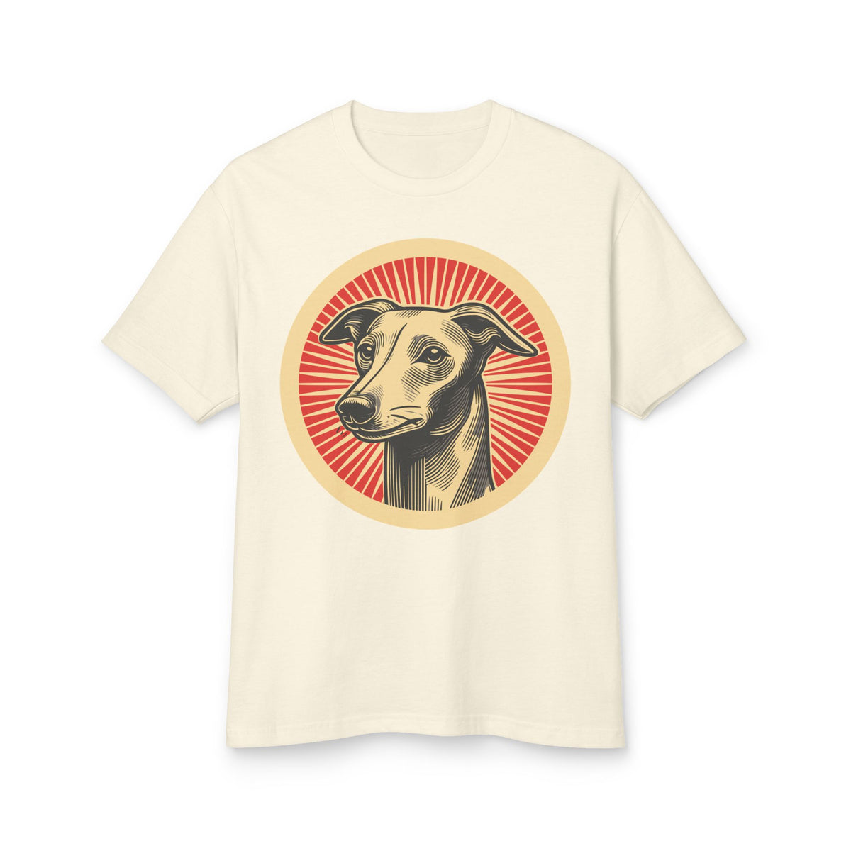 Italian Greyhound badge art in a ring of red rays on a heavyweight tee