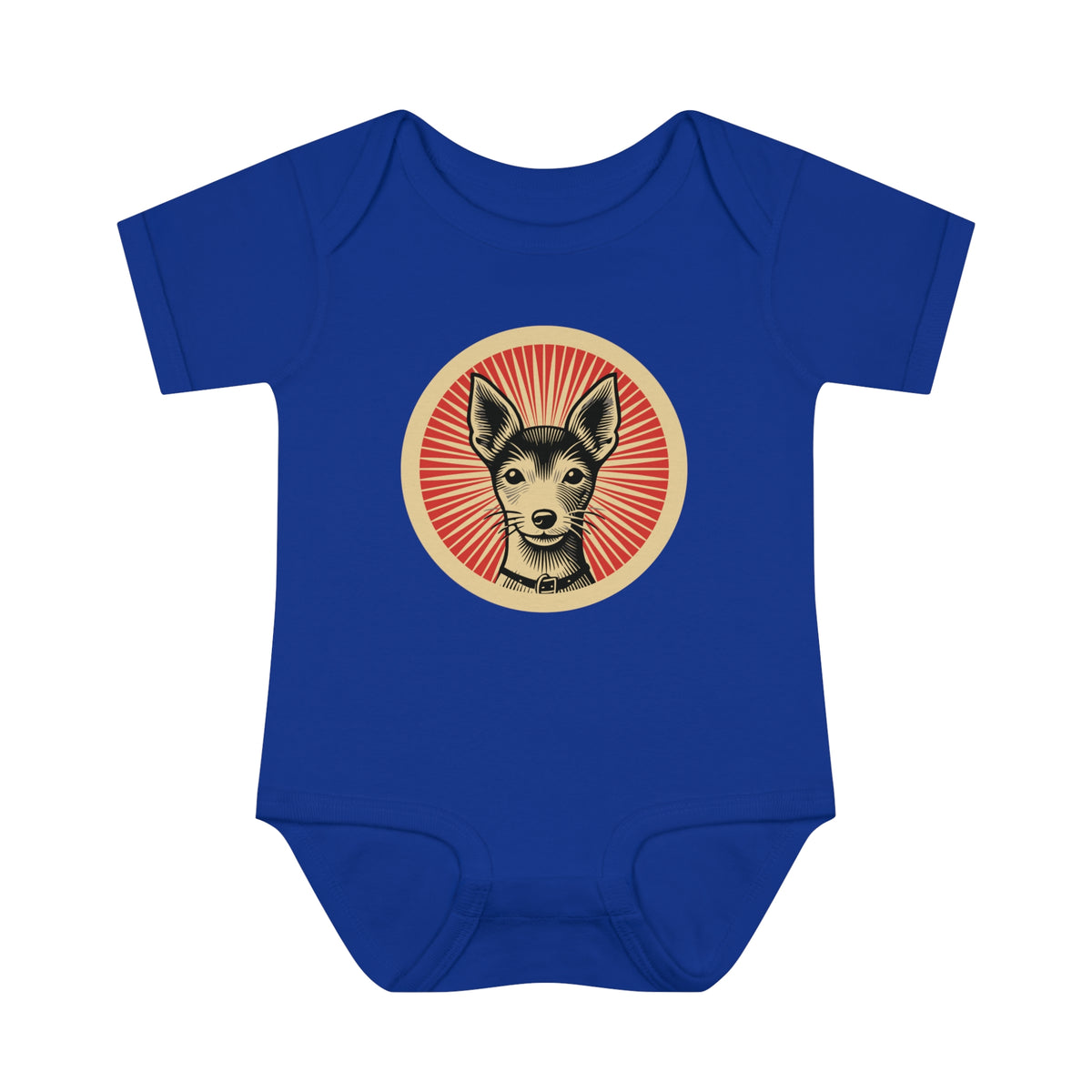 Toy Fox Terrier badge art in a ring of red rays on a baby bodysuit