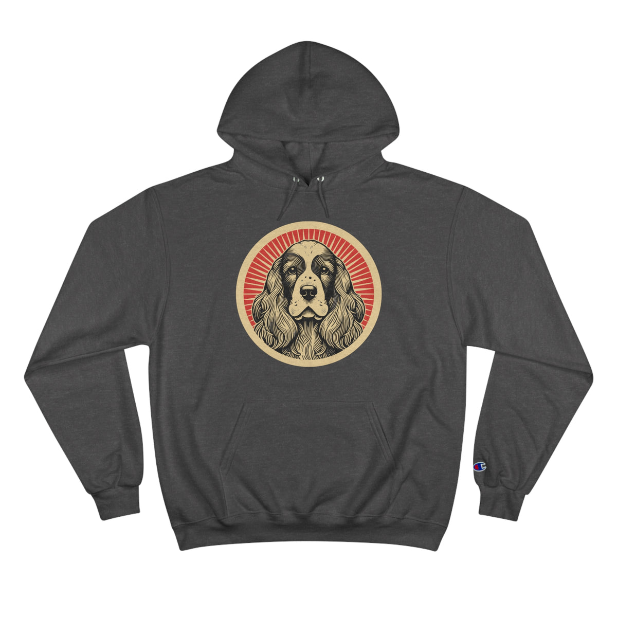 English Cocker Spaniel badge art in a ring of red rays on a champion hoodie