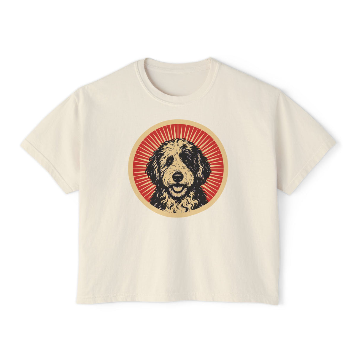 Sheepadoodle badge art in a ring of red rays on a boxy tee