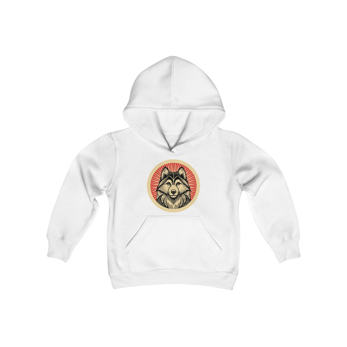 Alaskan Klee Kai badge art in a ring of red rays on a kids' hoodie
