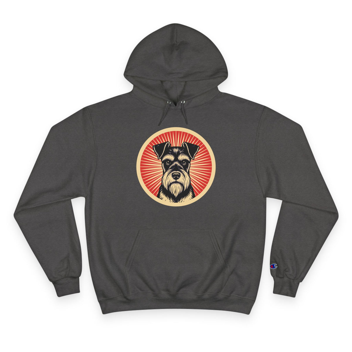 Standard Schnauzer badge art in a ring of red rays on a champion hoodie