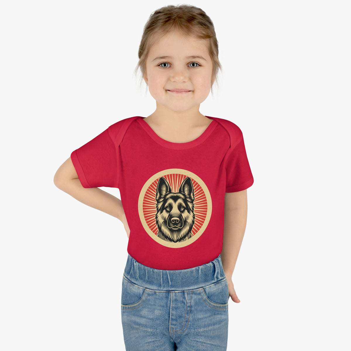 German Shepherd badge art in a ring of red rays on a baby bodysuit