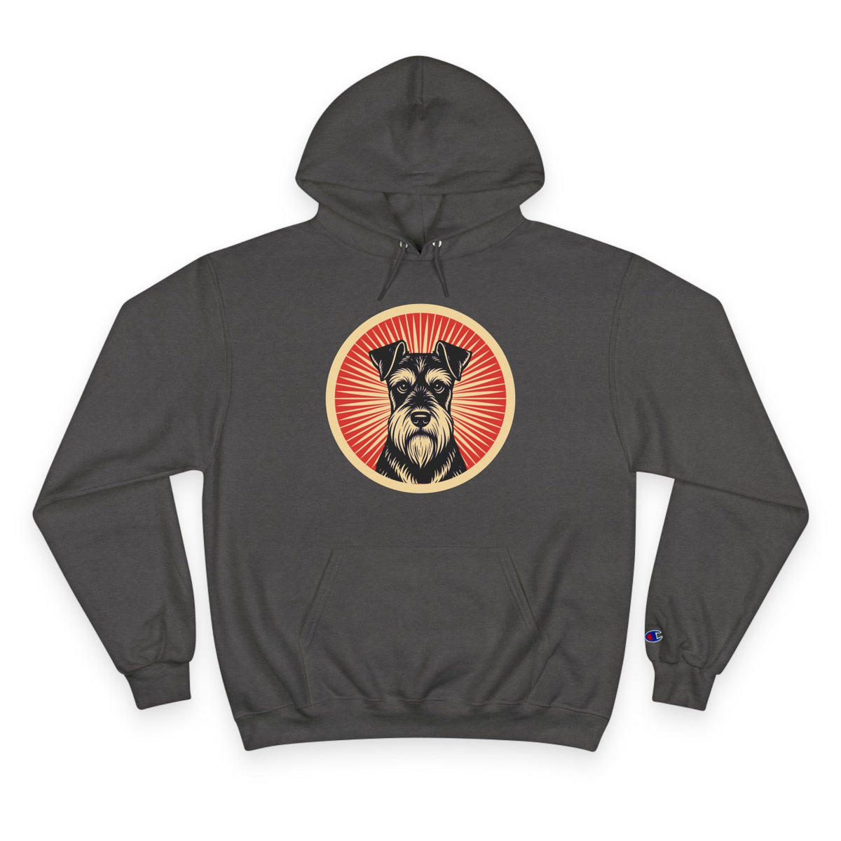 Miniature Schnauzer badge art in a ring of red rays on a champion hoodie
