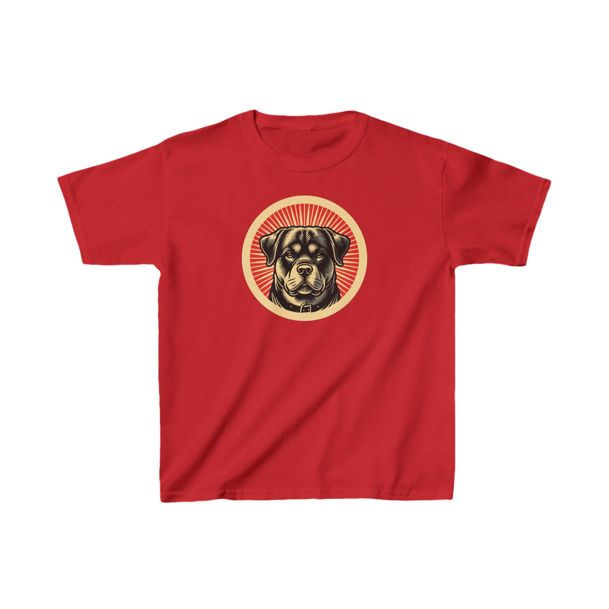 Rottweiler badge art in a ring of red rays on a kids' tee