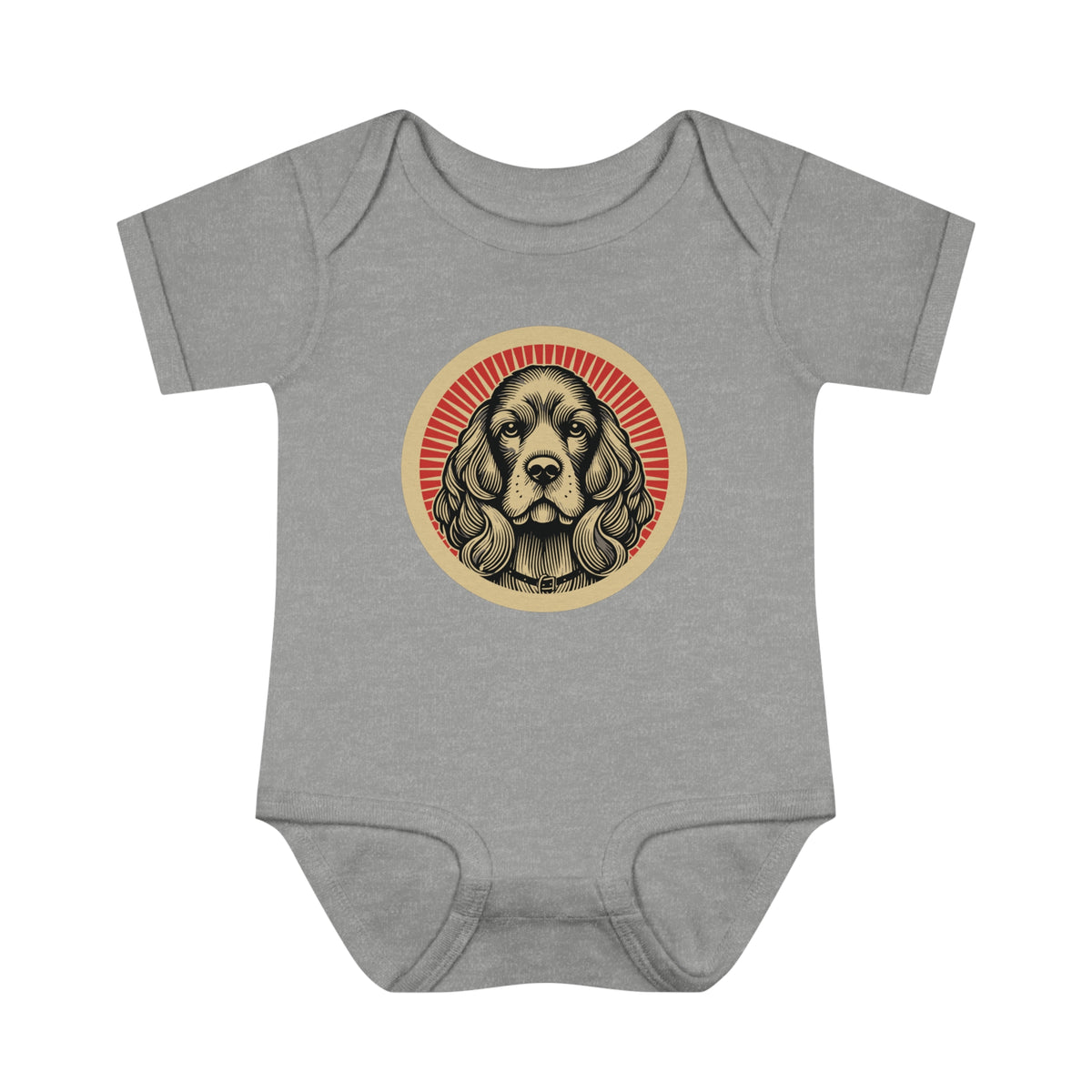 Cavalier King Charles Spaniel badge art in a ring of red rays on a baby bodysuit