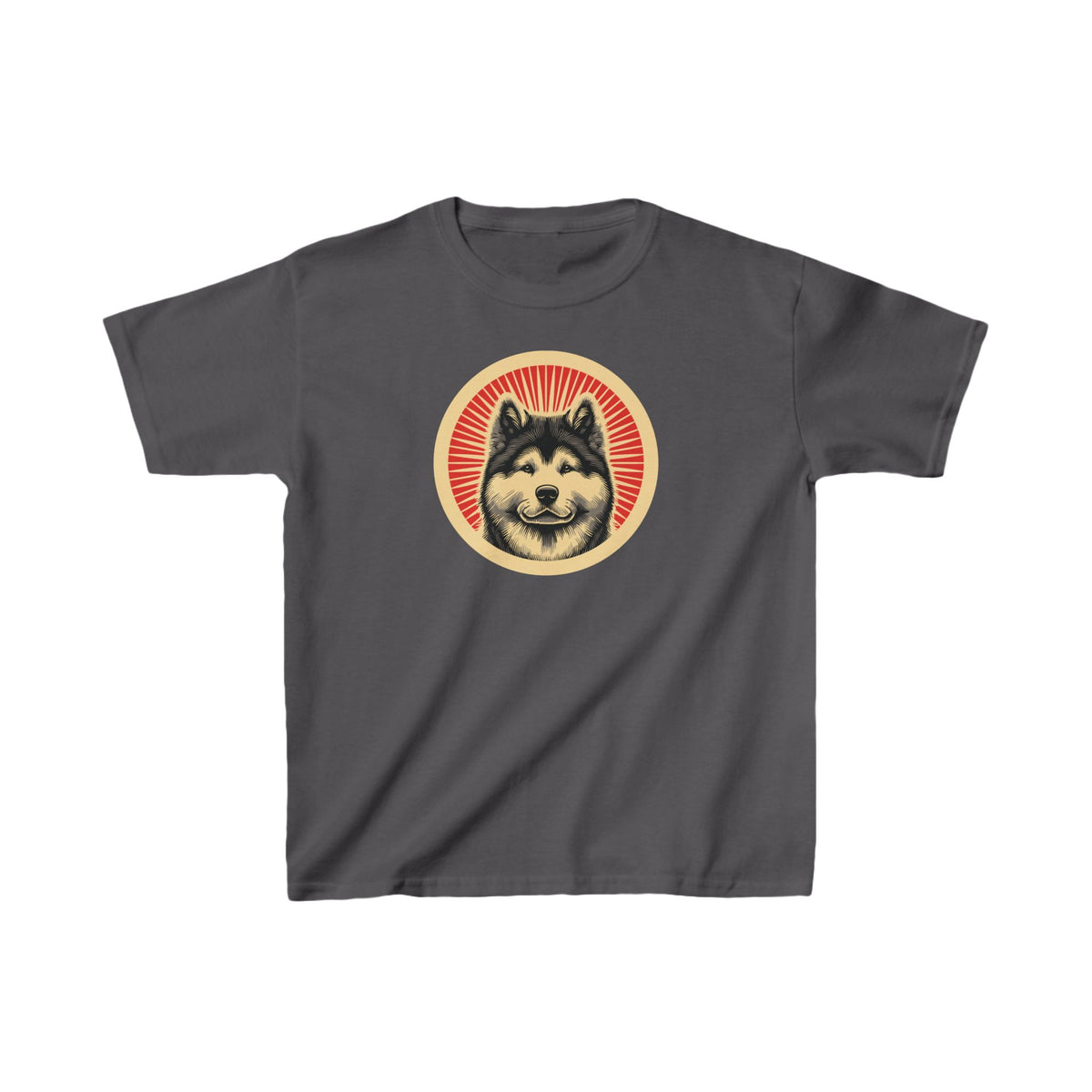 Akita badge art in a ring of red rays on a kids' tee