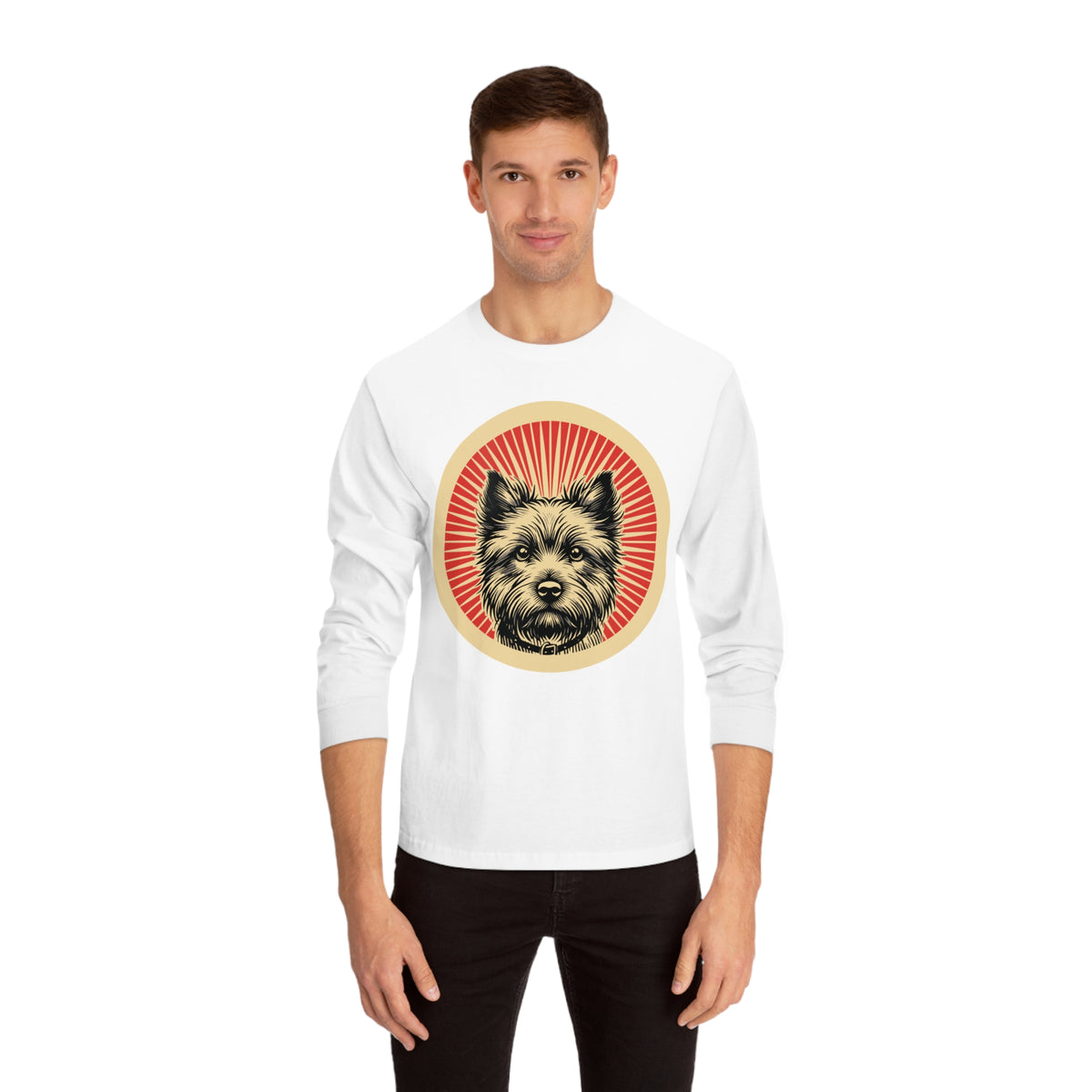 Cairn Terrier badge art in a ring of red rays on a long-sleeve tee