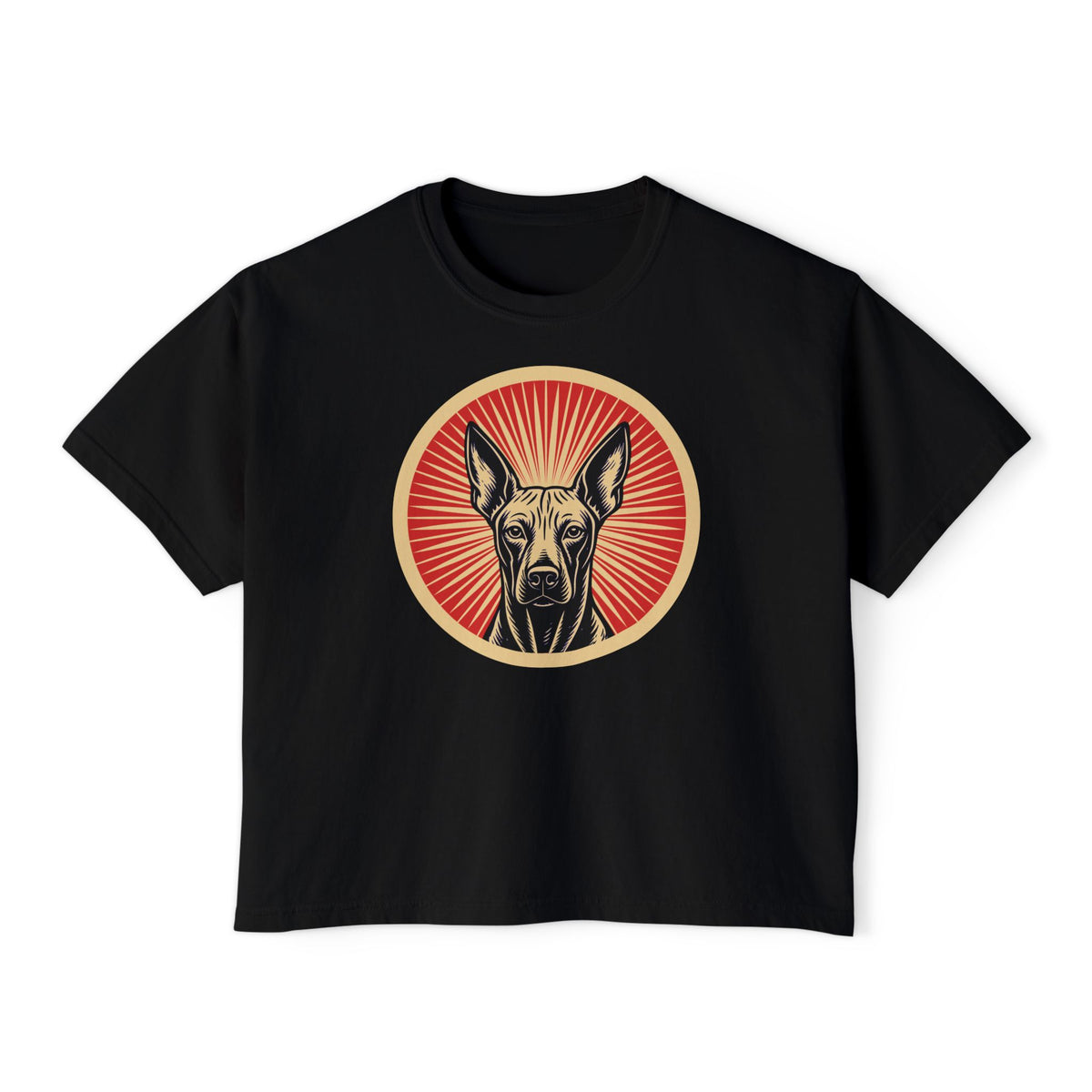 Xoloitzcuintle badge art in a ring of red rays on a boxy tee