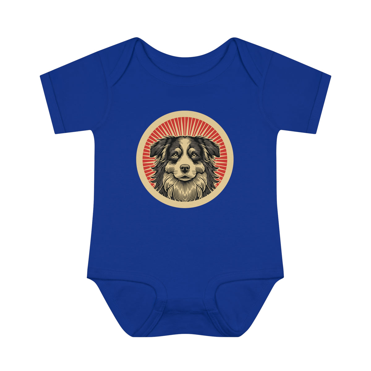 Border Collie badge art in a ring of red rays on a baby bodysuit