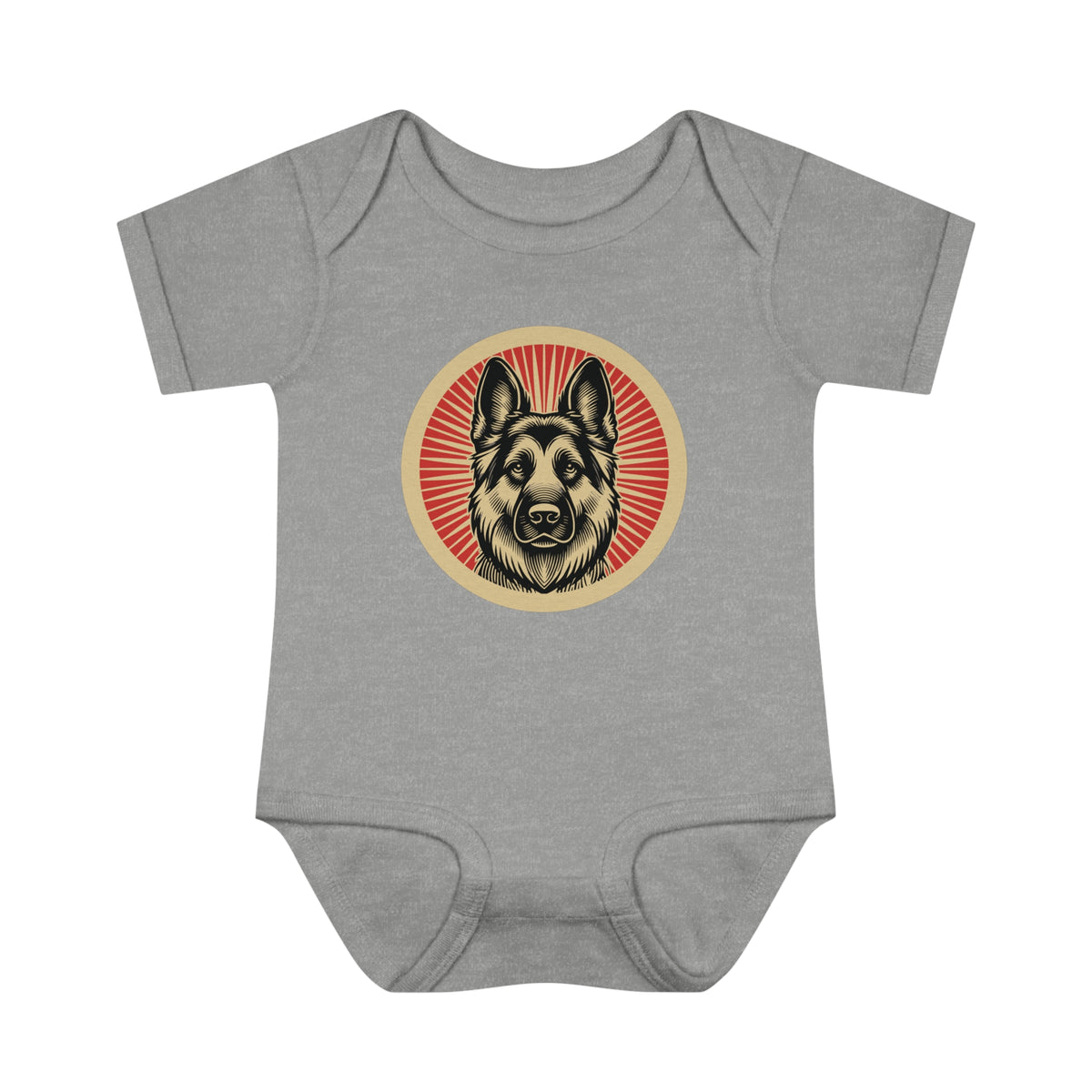 German Shepherd badge art in a ring of red rays on a baby bodysuit