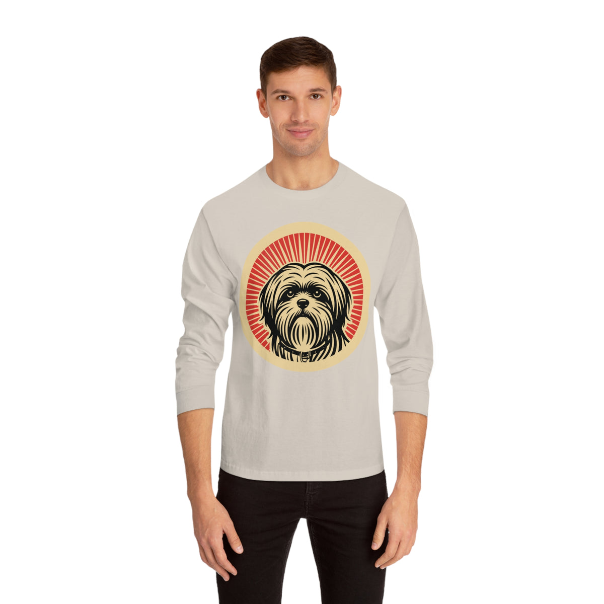 Lhasa Apso badge art in a ring of red rays on a long-sleeve tee