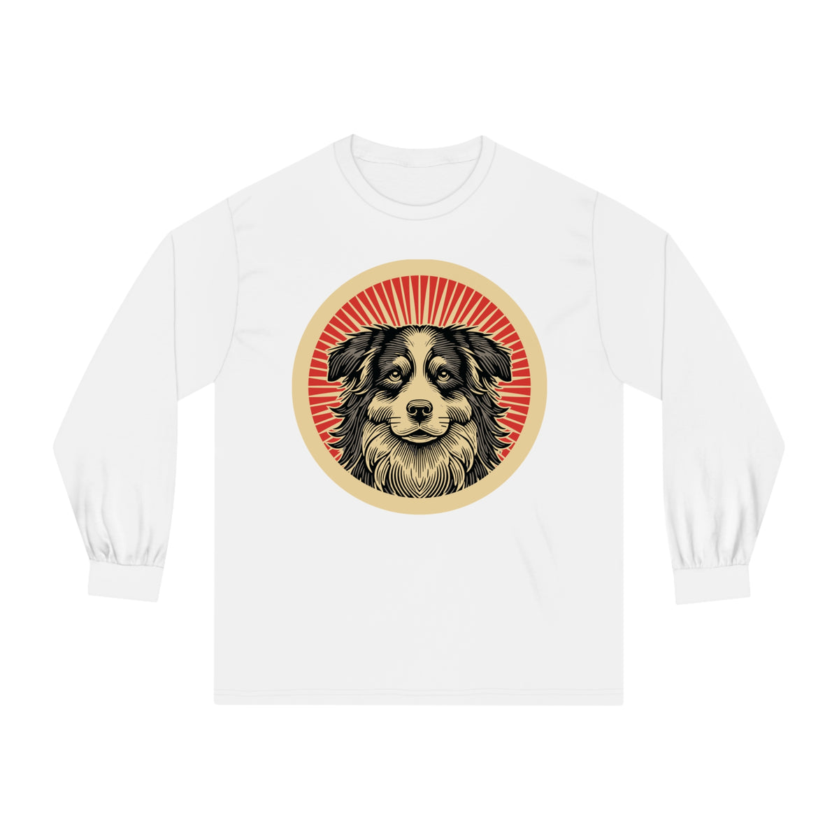 Border Collie badge art in a ring of red rays on a long-sleeve tee