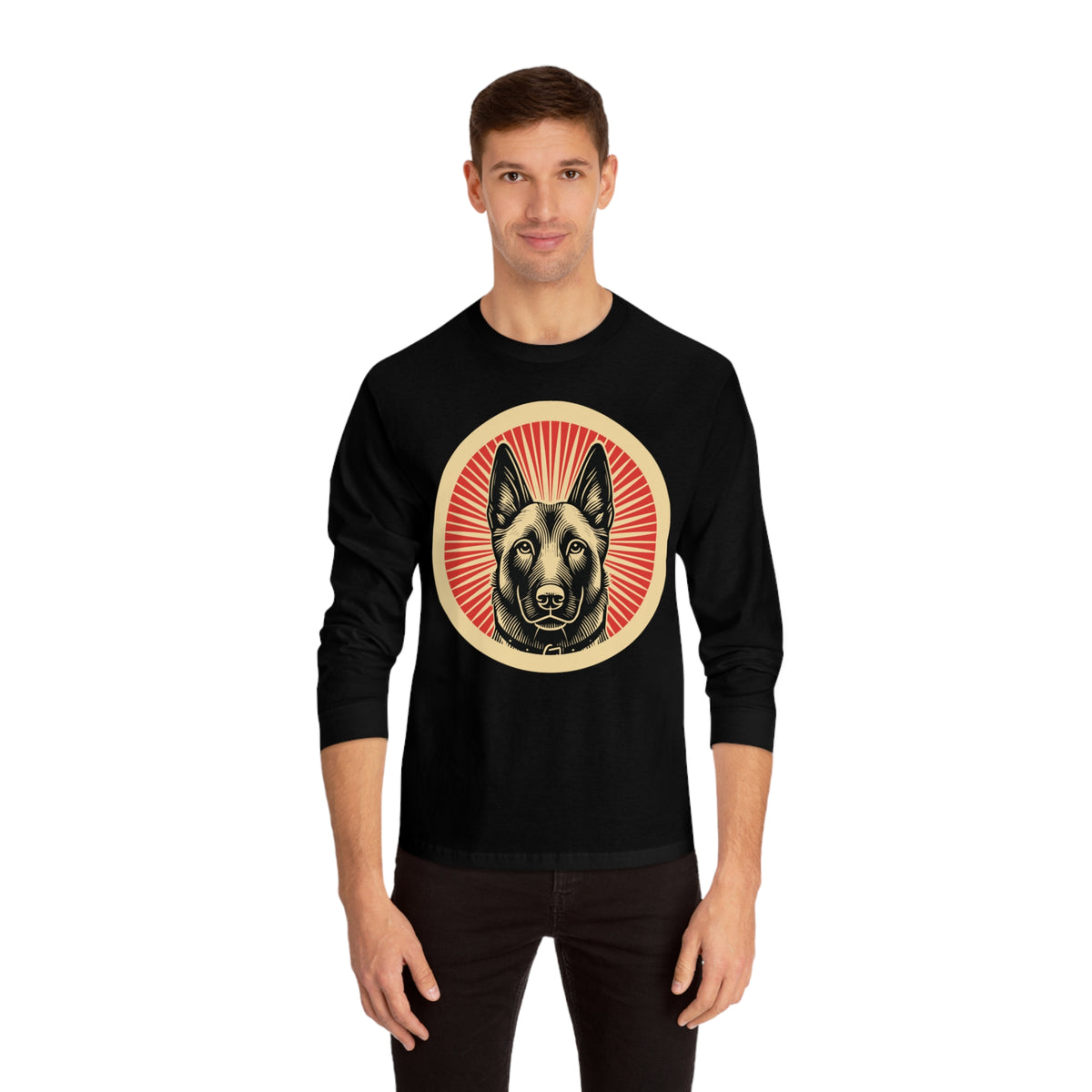 Belgian Malinois badge art in a ring of red rays on a long-sleeve tee