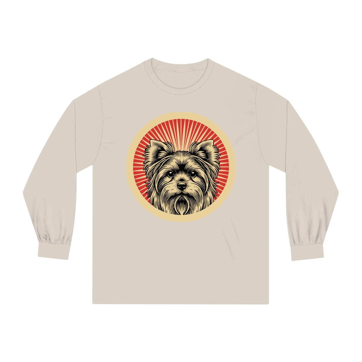 Yorkshire Terrier badge art in a ring of red rays on a long-sleeve tee