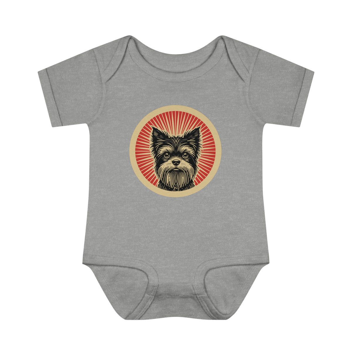 Affenpinscher badge art in a ring of red rays on a baby bodysuit