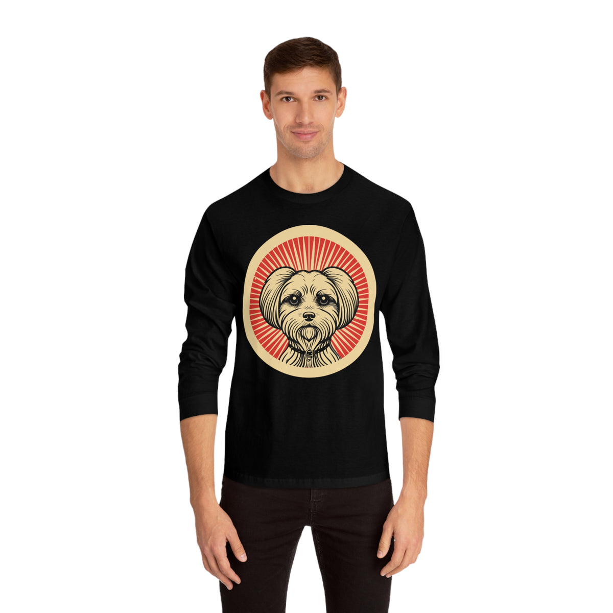 Maltese badge art in a ring of red rays on a long-sleeve tee