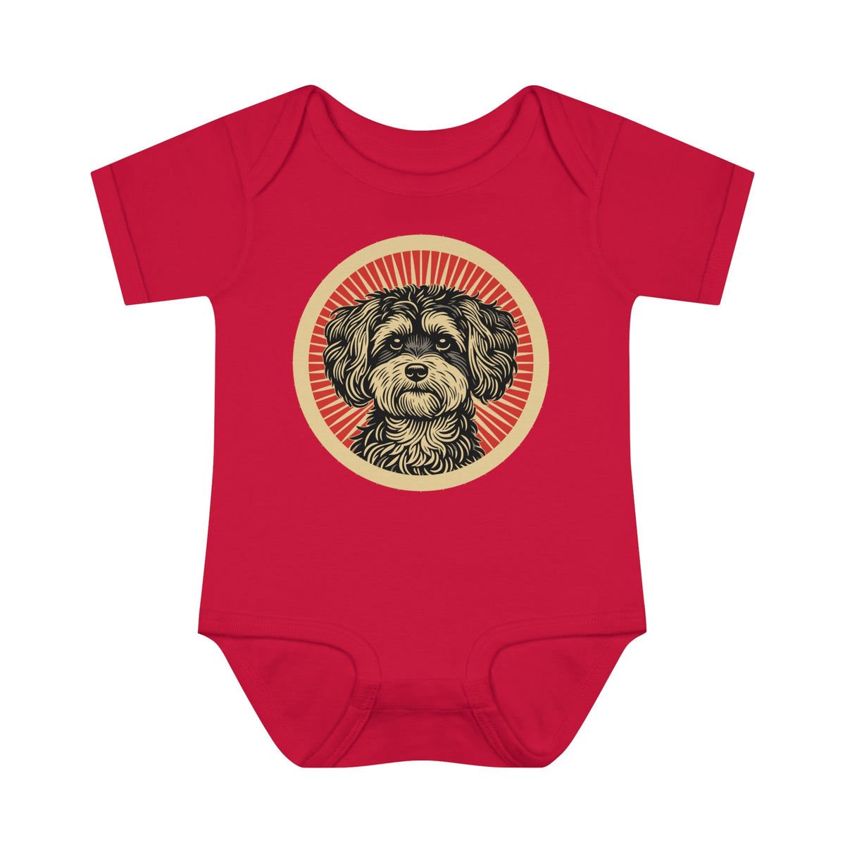 Maltipoo badge art in a ring of red rays on a baby bodysuit