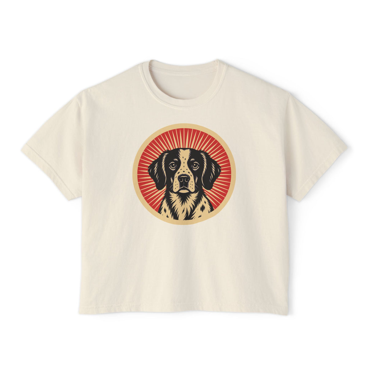 Brittany badge art in a ring of red rays on a boxy tee