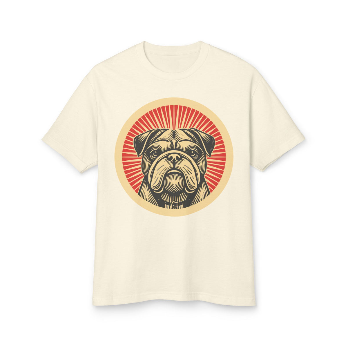 Bulldog badge art in a ring of red rays on a heavyweight tee